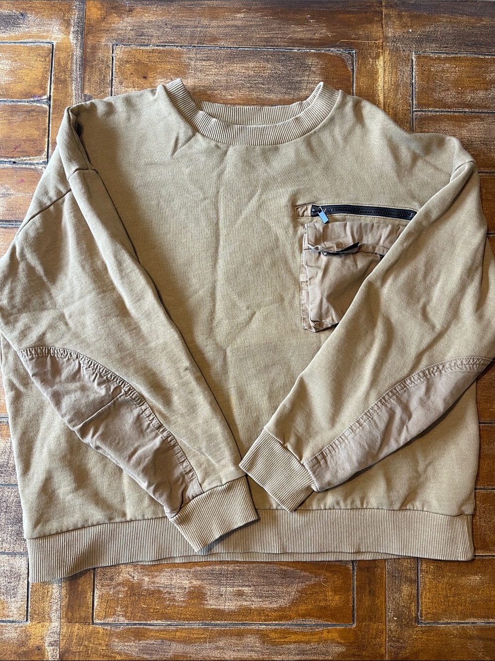 Zara Men's Khaki Crewneck Sweatshirt with Zipper Chest Pocket